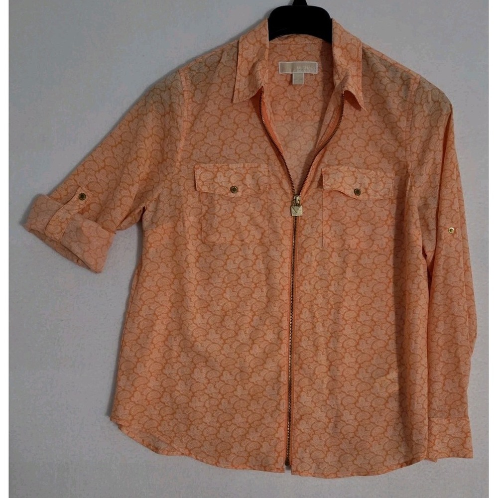 Michael Kors Women's Orange Paisley Roll-Tab Sleeve Full Zip Top Blouse Size L